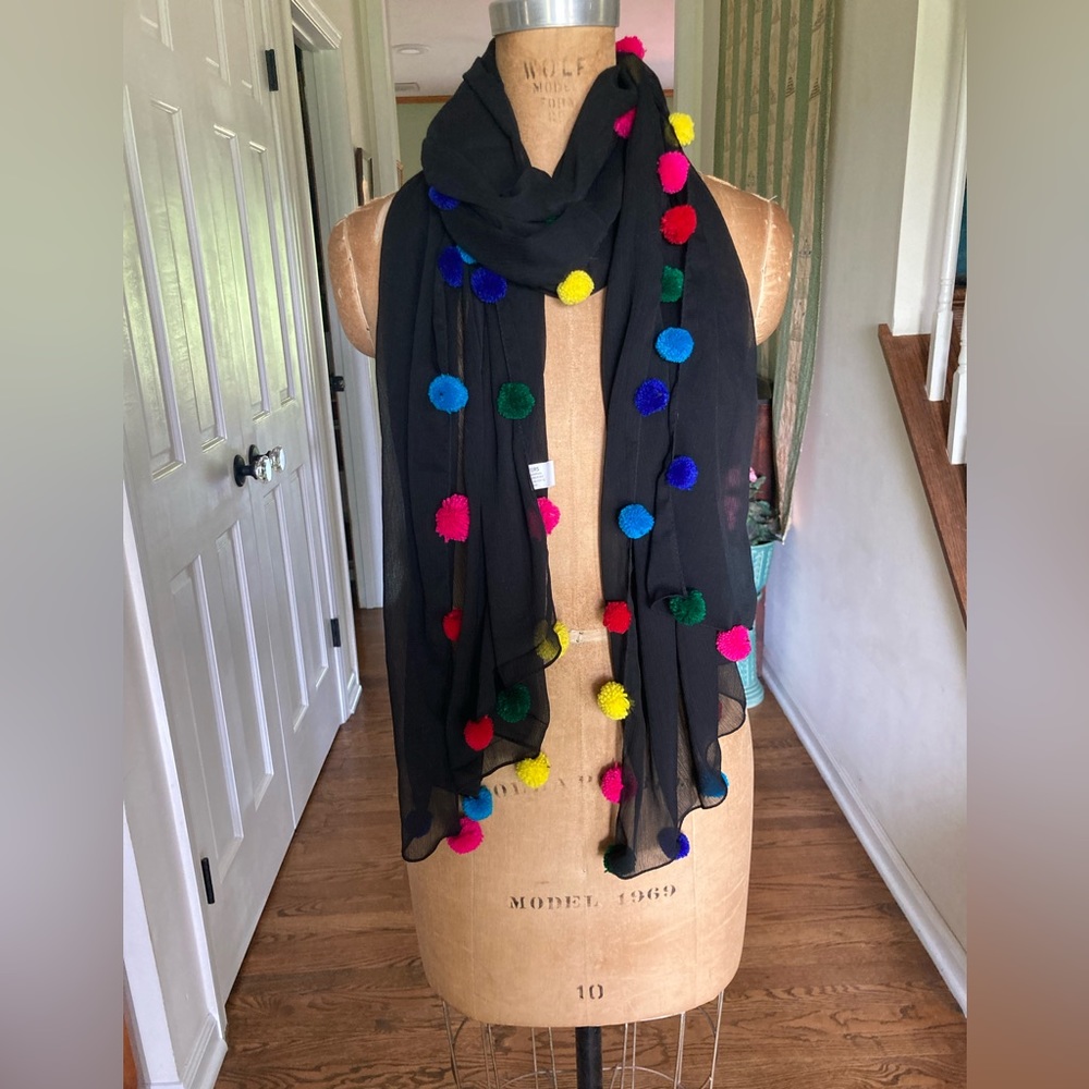 Sheer Scarf Wrap Sarong with POM POMS BLACK Fleurs by Elegant Additions 28”x 74”